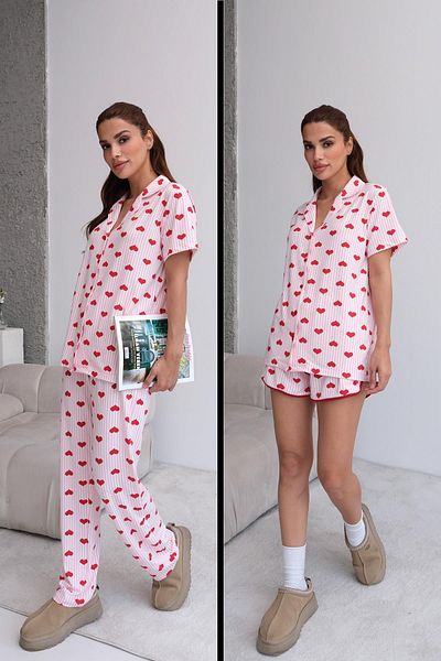 pouq Shirt Collar Heart Patterned 3-Piece Pajama Set Pink