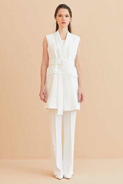 Nurs Kuşaklı Yelek Pantolon Takım Ekru