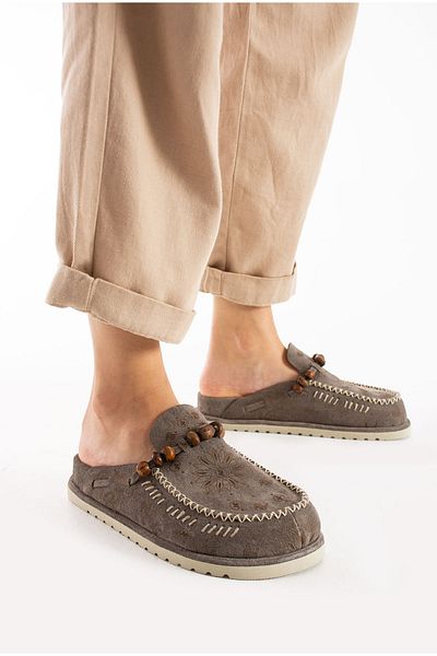 Lemoors Rumi Inside and Outside and Sole Genuine Suede Leather Gray Color Design Women's Sabo Slippers
