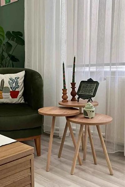 Evnalia 3-Piece Zigon Music Coffee Table Set Flower Pot and Flower Stand, Decorative Side Table with Wooden Legs 33 cm Diameter