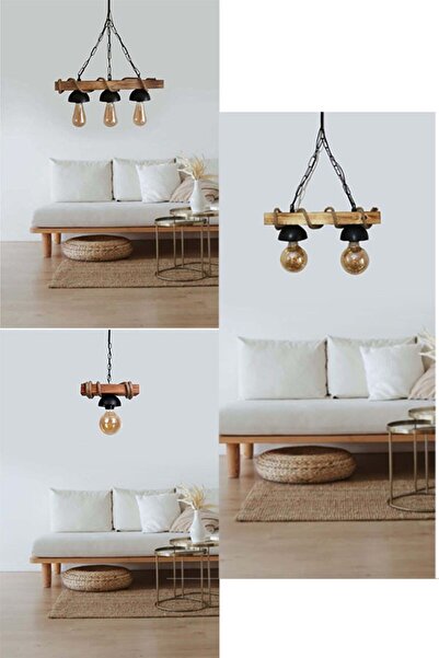 teknotrust 3'lü, 2'li ve tekli halatlı rustik ahşap avize seti, mutfak ve yaş...