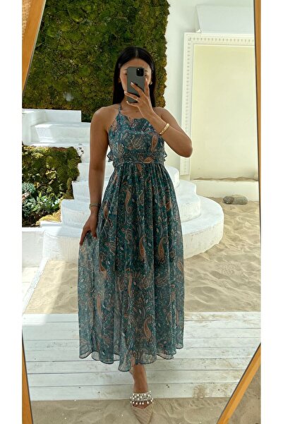 Nida Boutique Askılı Sırtı Çapraz Bağlamalı Fırfırlı Astarlı Şifon Elbise