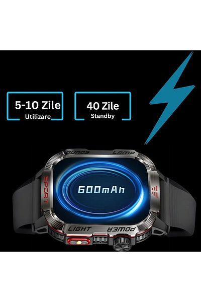 TechGS Men's Military Style Watch, TechGS®, 600 mAh Battery, 2.01 Inch Screen, Menu in Romanian