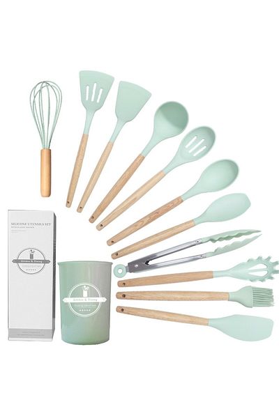 victiny 12-Piece Silicone Kitchen Utensil Set, Anti-Adherent, Food Grade Silicone/Wood