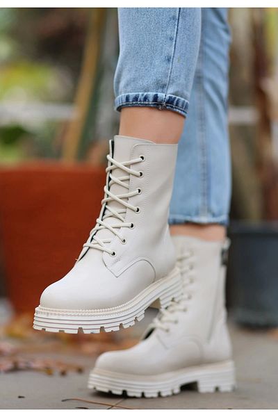 Işıltı kidss Bria Beige Leather Laced Boots