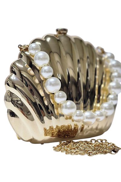 OUEEN ELİZABETH Metal Case Musselling Shell Figure Model Pearl Handle Detail Women's Evening Dress Bag