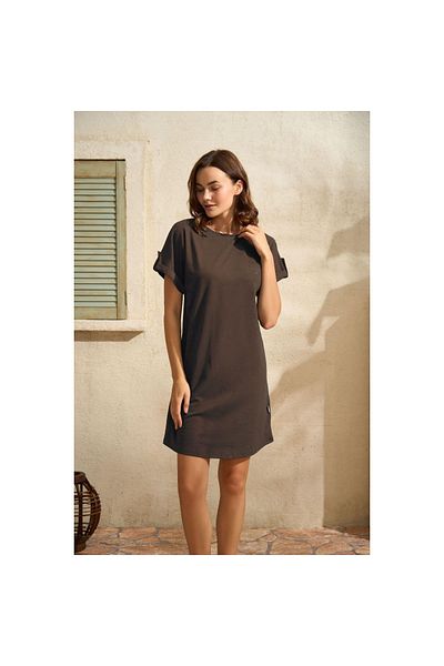 Findit Casual Short Sleeve Crew Neck Cotton Plain Summer Short Brown Pajamas Set