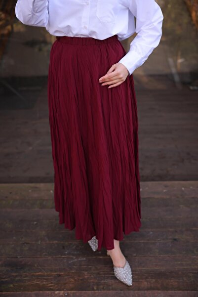 Bwest Elastic Waist Crinkle Detailed Long Skirt - (38-46) - 71258 - Plum
