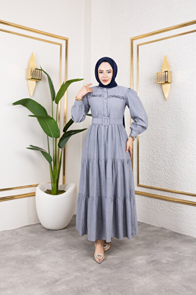 Viskosa Waist Belted Ruffle Detail Button Closure Layered Skirt Balloon Sleeve Dress