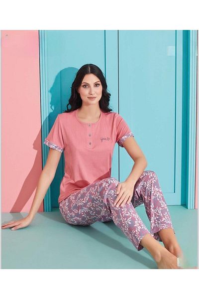 Pijamoni Women's Viscose Lycra Button Collar Camisole Patch Short Sleeve Pajama Set 5520-2 / 1 Piece