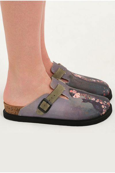 Lemoors Justine Natural Cork Sole Inner Genuine Leather Green Color Design Printed Sabo Slippers