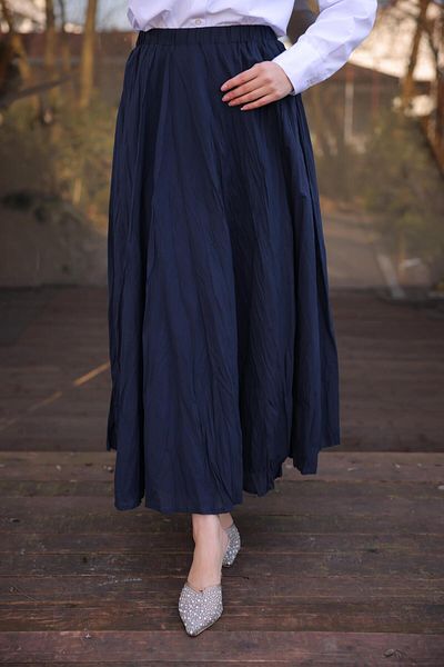 Bwest Elastic Waist Crinkle Detailed Long Skirt - (38-46) - 71258 - Navy Blue