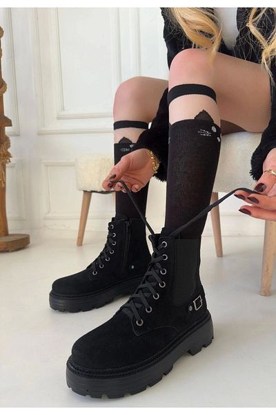 Işıltı kidss Boby Black Suede Lace up Boots