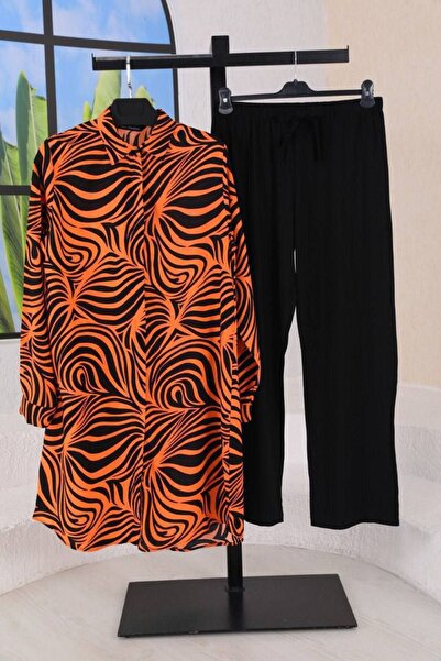 Polologin Butik Zebra Patterned Oversized Size Viscose Trousers and Tunic Set