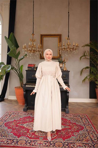 Bwest O Neck Gathered Bust Tie Waist Elasticated Sleeves Long Dress - (38-46) - 71272 - Ecru