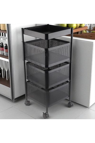 LIVVY 3-tier kitchen trolley with wheels – steel rotating rack for fruits, veggies & home storage.