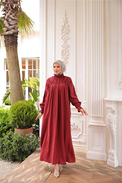 Bwest Μακρύ φόρεμα Fisherman με ψηλό γιακά, ελαστικά μανίκια, φαρδιά εφαρμογή και κορδόνι στο κάτω μέρος - (38-46) - 71270 - Βουργουνδία