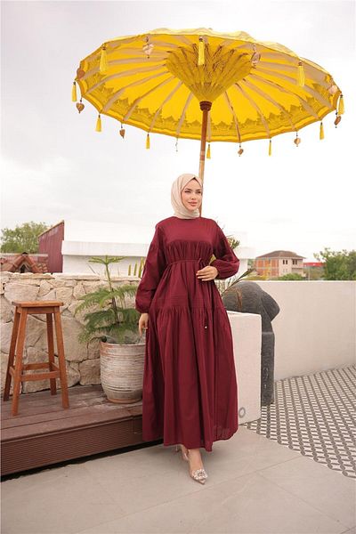Bwest Wide Long Sleeve Gathered Long Dress with Waist Tie - (38-46) - 71289 - Burgundy