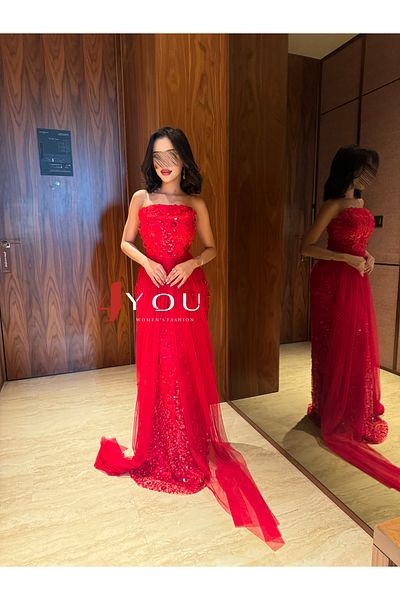 4YOU Red dress with chiffon shawl and embroidery