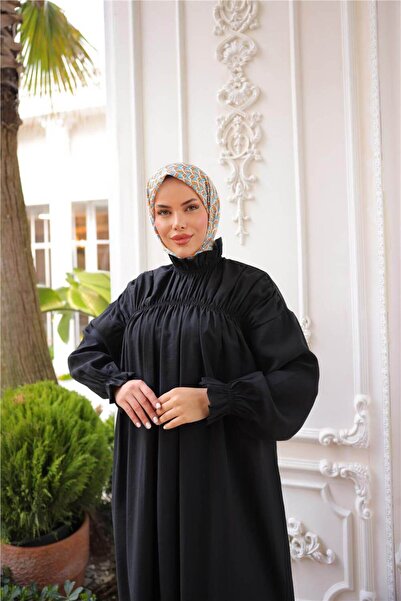 Bwest Μακρύ φόρεμα Fisherman με ψηλό γιακά, ελαστικά μανίκια, φαρδιά εφαρμογή με κορδόνι - (38-46) - 71270 - Μαύρο