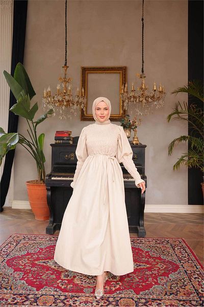 Bwest O Neck Gathered Bust Tie Waist Elasticated Sleeves Long Dress - (38-46) - 71272 - Ecru