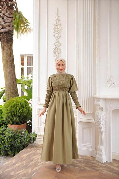 Bwest O Neck Gathered Bust Tie Waist Elasticated Sleeves Long Dress - (38-46) - 71272 - Khaki