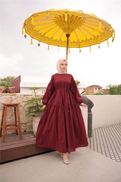 Bwest Φαρδύ μακρυμάνικο φόρεμα με κορδόνια στη μέση - (38-46) - 71289 - Βουργουνδία