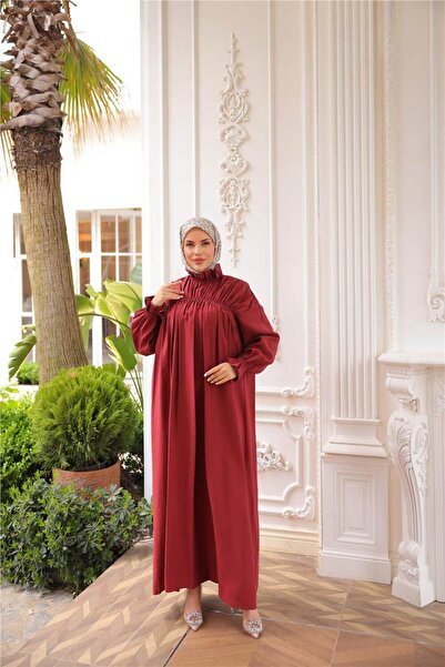 Bwest Μακρύ φόρεμα Fisherman με ψηλό γιακά, ελαστικά μανίκια, φαρδιά εφαρμογή και κορδόνι στο κάτω μέρος - (38-46) - 71270 - Βουργουνδία