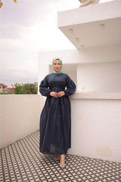 Bwest Wide Long Sleeve Gathered Long Dress with Waist Tie - (38-46) - 71289 - Navy Blue