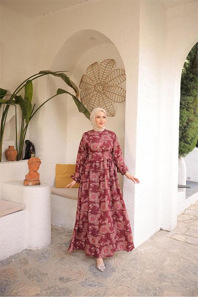 Bwest O Neck Waist Lace-Up Long Patterned Loose Comfortable Dress - (38-46) - 71287 - Burgundy