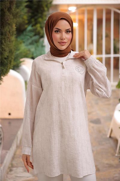Bwest Half Zip Collar Logo Printed Tunic - (38-46) - 71245 - Cream
