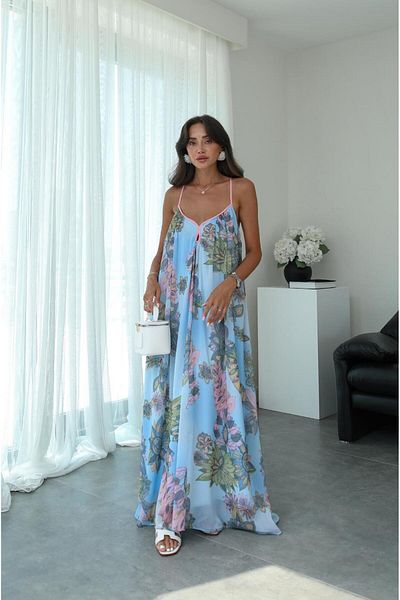 Havoş Blue Cross Strap Patterned Chiffon Dress