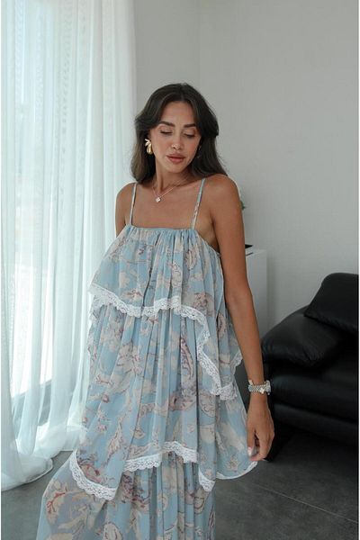 Havoş Blue Layered Patterned Chiffon Dress