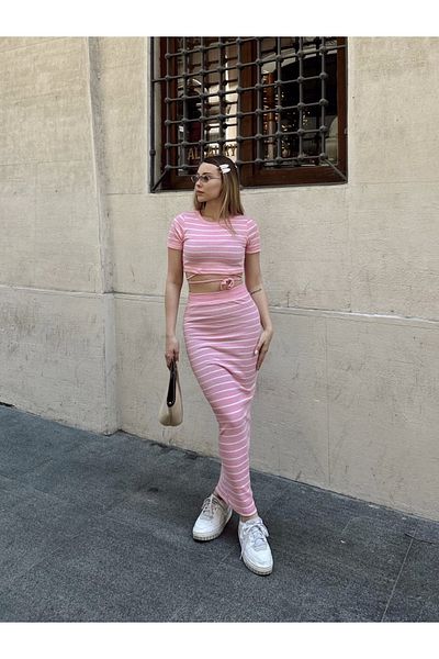 Işıltı kidss Striped Skirt Suit Pink S3609