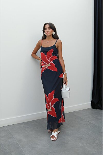 Havoş Navy Blue Thin Strap Floral Dress