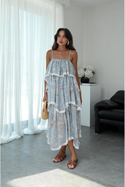 Havoş Blue Layered Patterned Chiffon Dress
