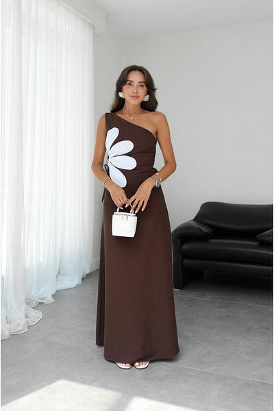Havoş Brown Side Low-Cut Floral Dress