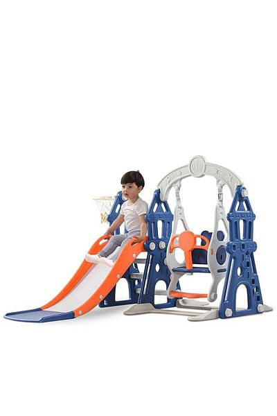 COOYA 4-in-1 children's climbing slide set,adjustable swing,with basketball stand,easy to assemble,blue