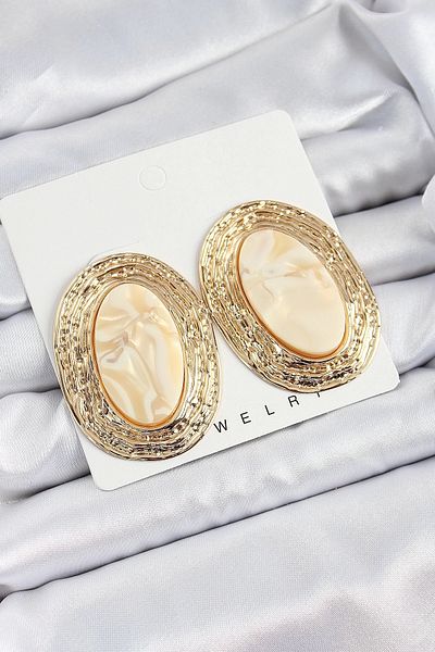 PRATİKOBA Bfs Brass Marble Patterned Beige Oval Vintage Model Gold Color Women's Earrings
