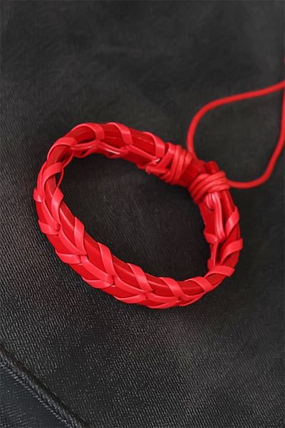 PRATİKOBA Bfs Red Braided Leather Men's Bracelet