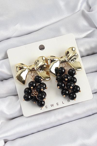 PRATİKOBA Bfs Brass Dangle Black Beaded Bow Vintage Model Gold Color Women's Earrings