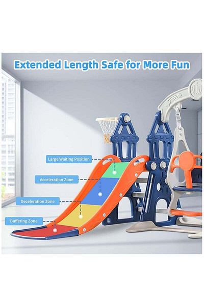 COOYA 4-in-1 children's climbing slide set,adjustable swing,with basketball stand,easy to assemble,blue