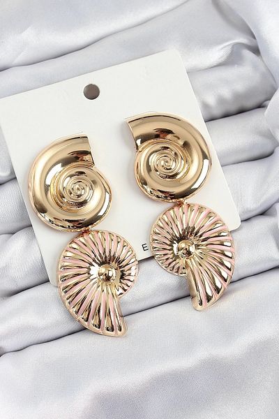 PRATİKOBA Bfs Brass Spiral Dangle Seashell Vintage Model Gold Color Earrings