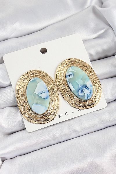 PRATİKOBA Bfs Brass Marble Patterned Blue Oval Vintage Model Gold Color Women's Earrings