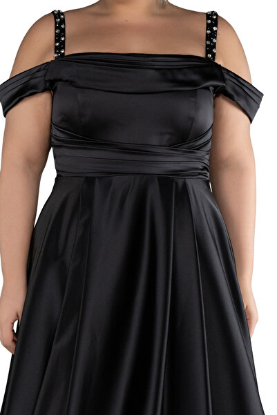 Arden Plus Size Long Evening Dress, Boat Neck Flared Junior Evening Dress with Satin Jewel Strap, Wedding, Graduation Dress,46-58