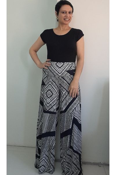 Mertcan Butik Black and White Patterned Elastic Waist Loose Leg Combed Viscose Trousers Skirt