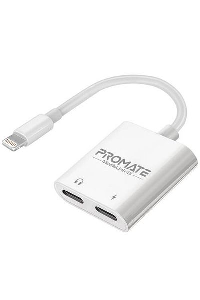 Promate 2-in-1 Dual Port Lightning Adapter, 10W Charging with 48kHz Audio Output