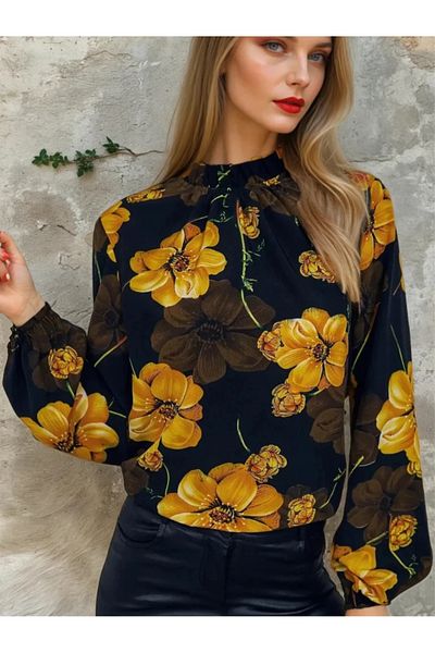 UniqueStore.ro Cămașă Carla neagră cu imprimeu floral în tonuri de galben - M