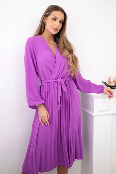 UniqueStore.ro Purple Pleated Midi Dress With Drawstring Waist - One Size