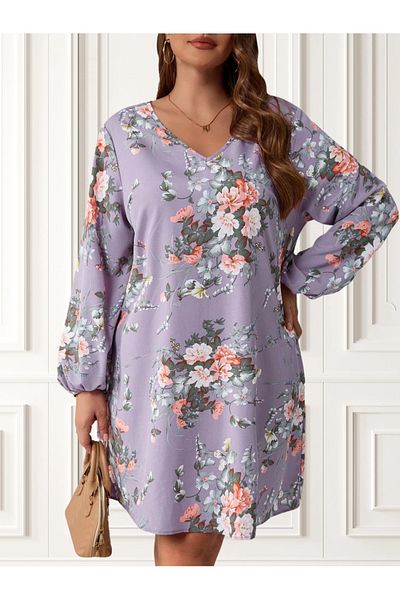 UniqueStore.ro Purple Floral Print Dress, Plus Size